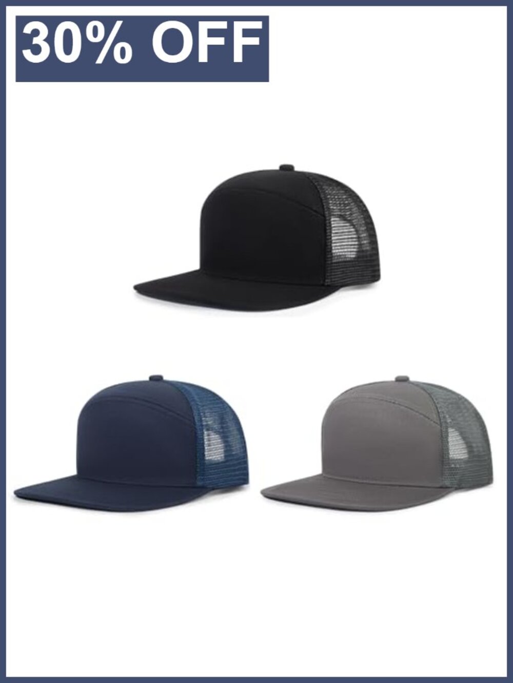 3-Pack Trucker Hats 7 Panel Blank Snapback Flat Brim Adjustable Unisex